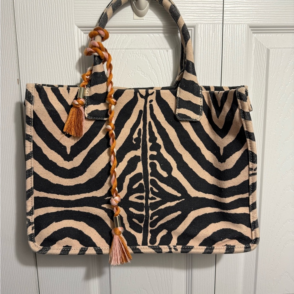 Vince Camuto Black and Cream Tote with Animal Print